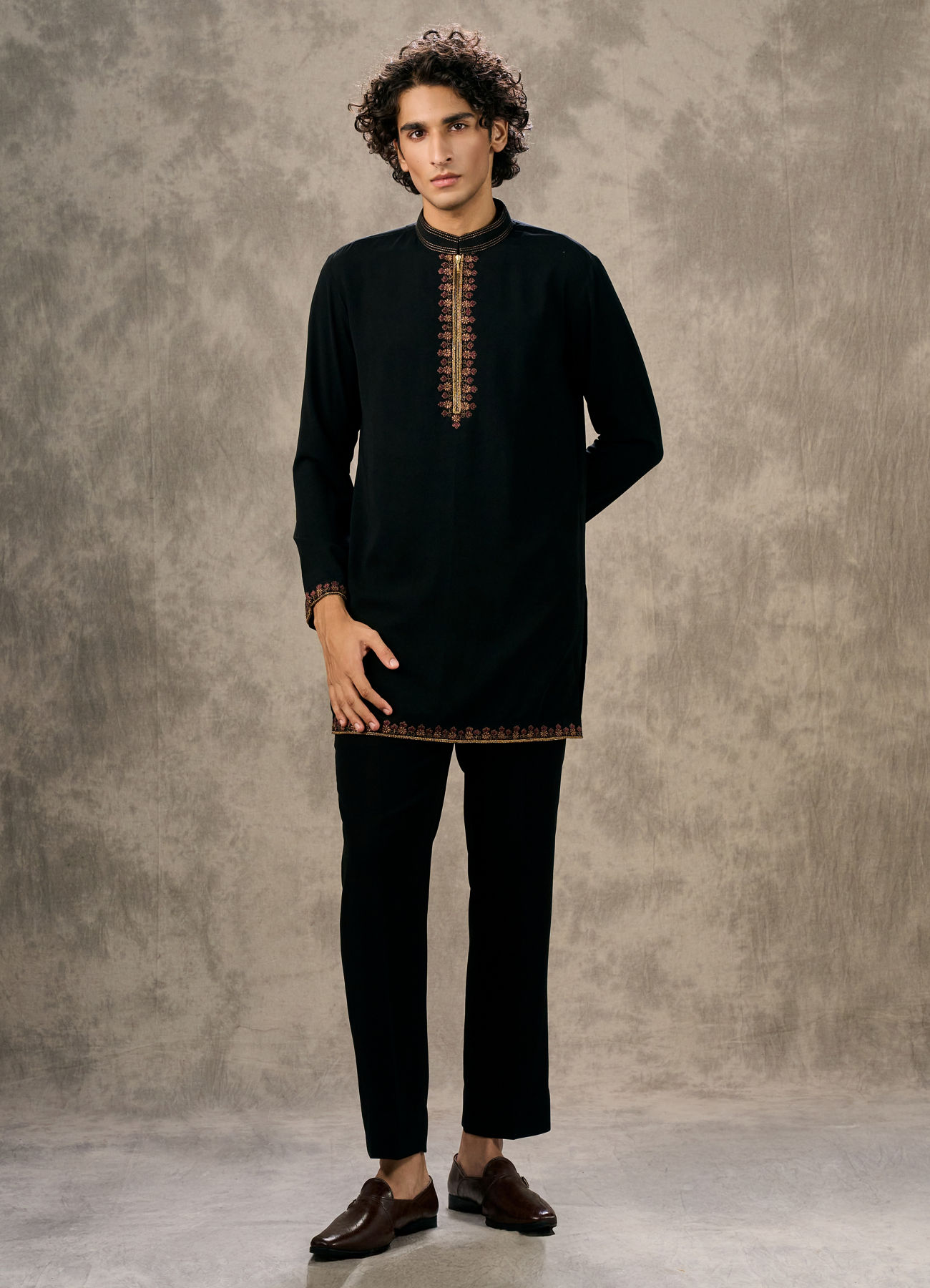 Twamev Men Black Silk Mughal Resham Embroidered Jacket Set
