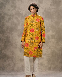 Twamev Men Mustard Yellow Silk Multicolour Floral Printed Embellished Jacket Set