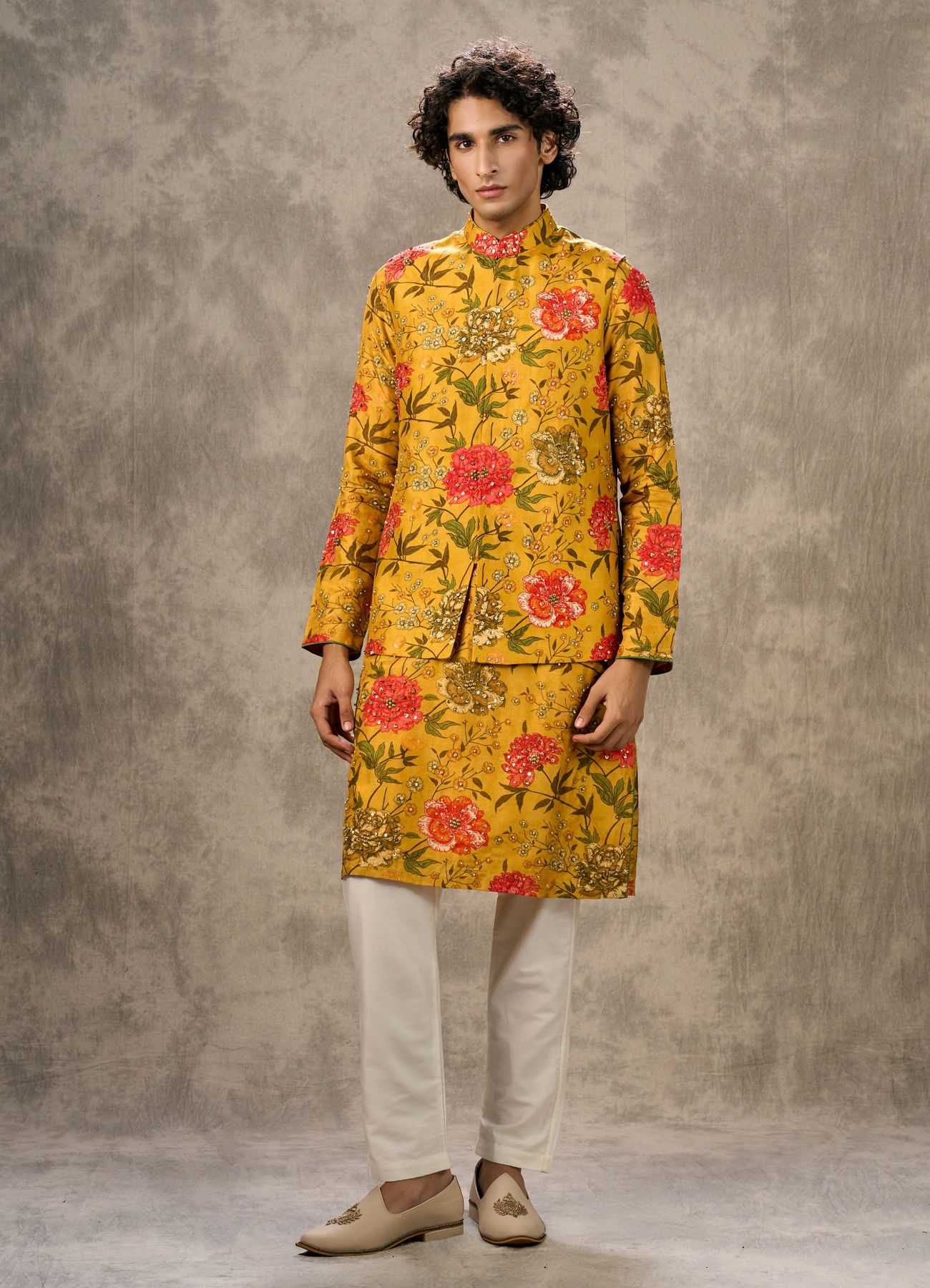 Twamev Men Mustard Yellow Silk Multicolour Floral Printed Embellished Jacket Set
