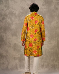 Twamev Men Mustard Yellow Silk Multicolour Floral Printed Embellished Jacket Set