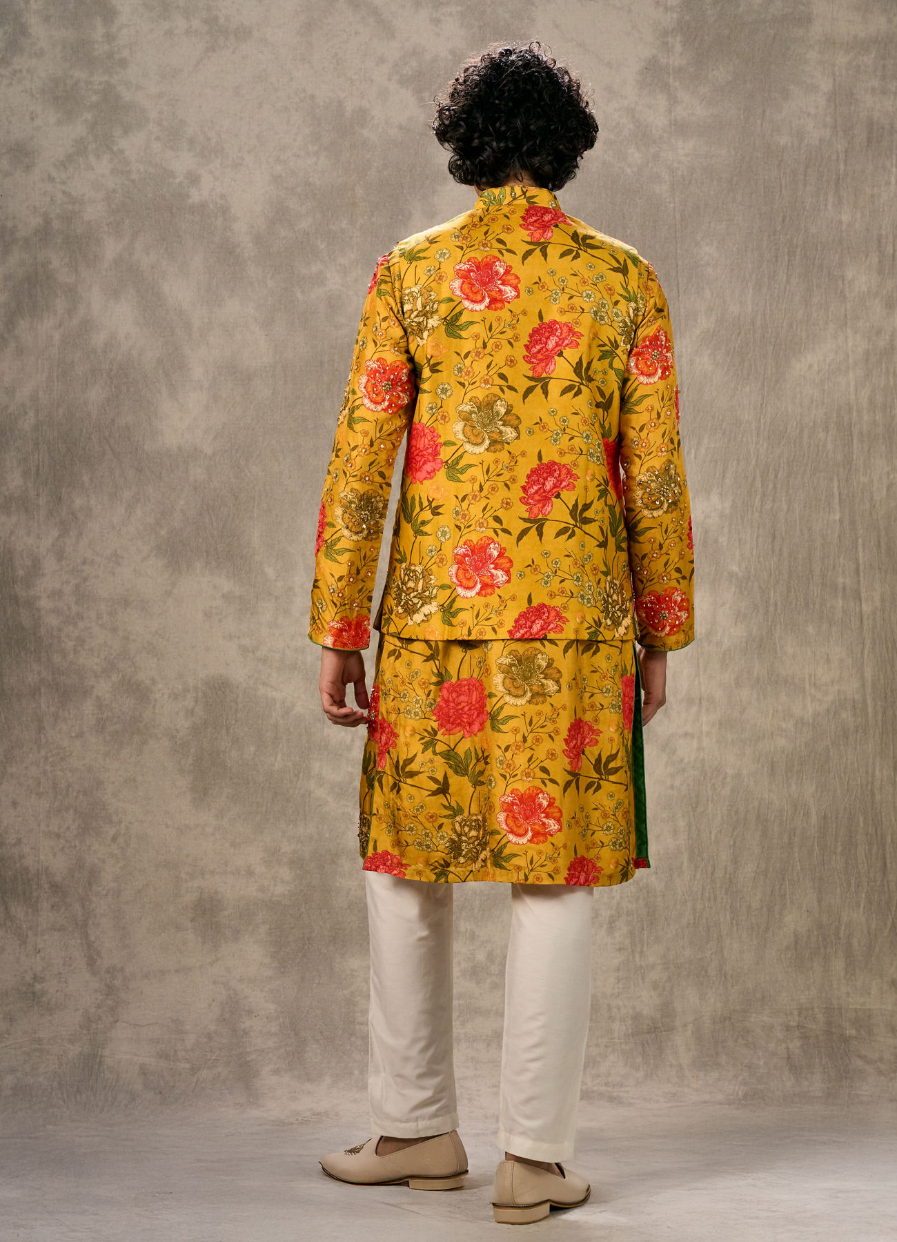 Twamev Men Mustard Yellow Silk Multicolour Floral Printed Embellished Jacket Set