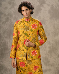 Twamev Men Mustard Yellow Silk Multicolour Floral Printed Embellished Jacket Set