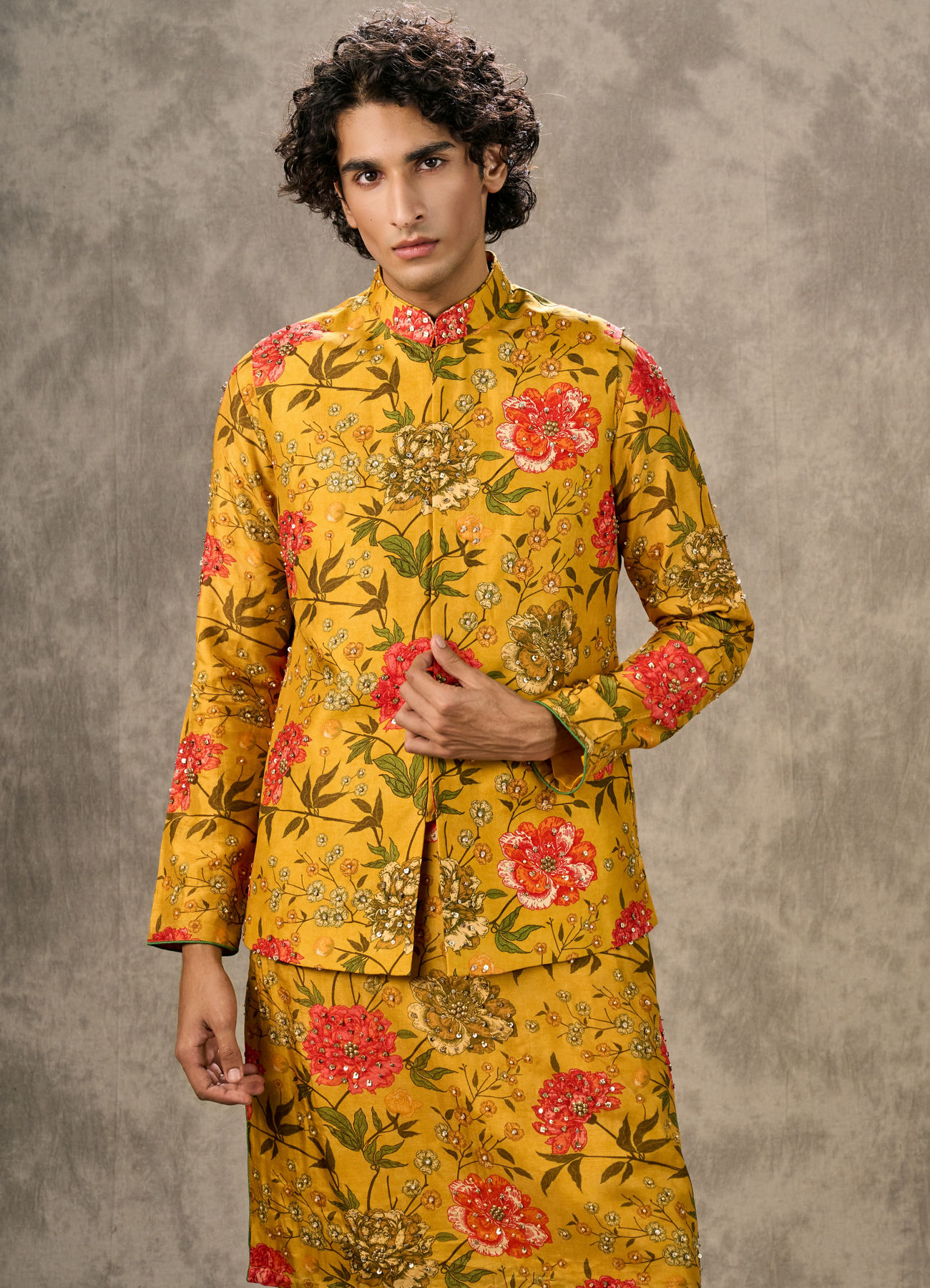 Twamev Men Mustard Yellow Silk Multicolour Floral Printed Embellished Jacket Set