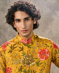 Twamev Men Mustard Yellow Silk Multicolour Floral Printed Embellished Jacket Set