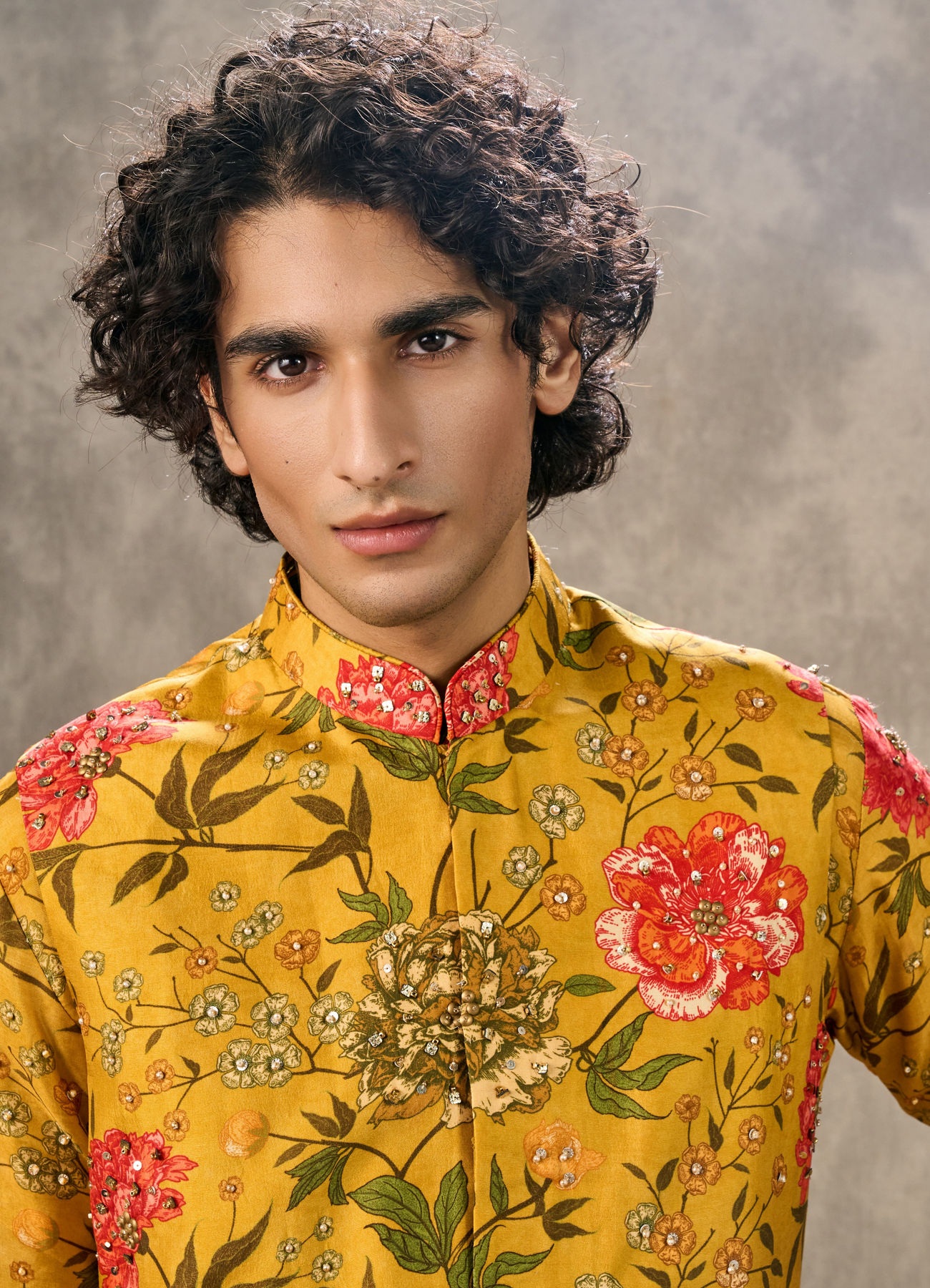 Twamev Men Mustard Yellow Silk Multicolour Floral Printed Embellished Jacket Set