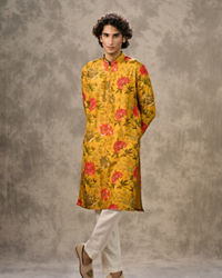 Twamev Men Mustard Yellow Silk Multicolour Floral Printed Embellished Jacket Set