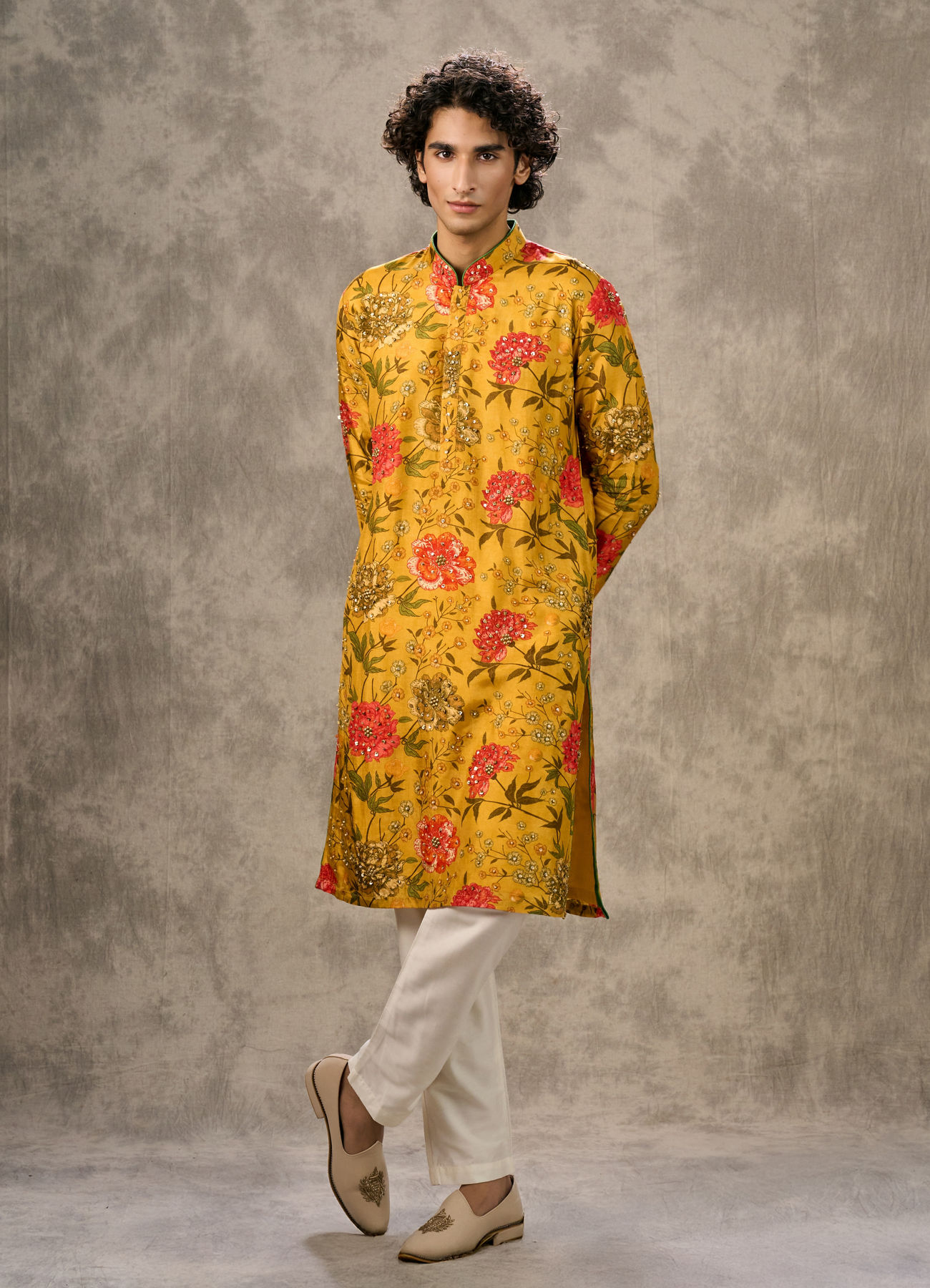 Twamev Men Mustard Yellow Silk Multicolour Floral Printed Embellished Jacket Set