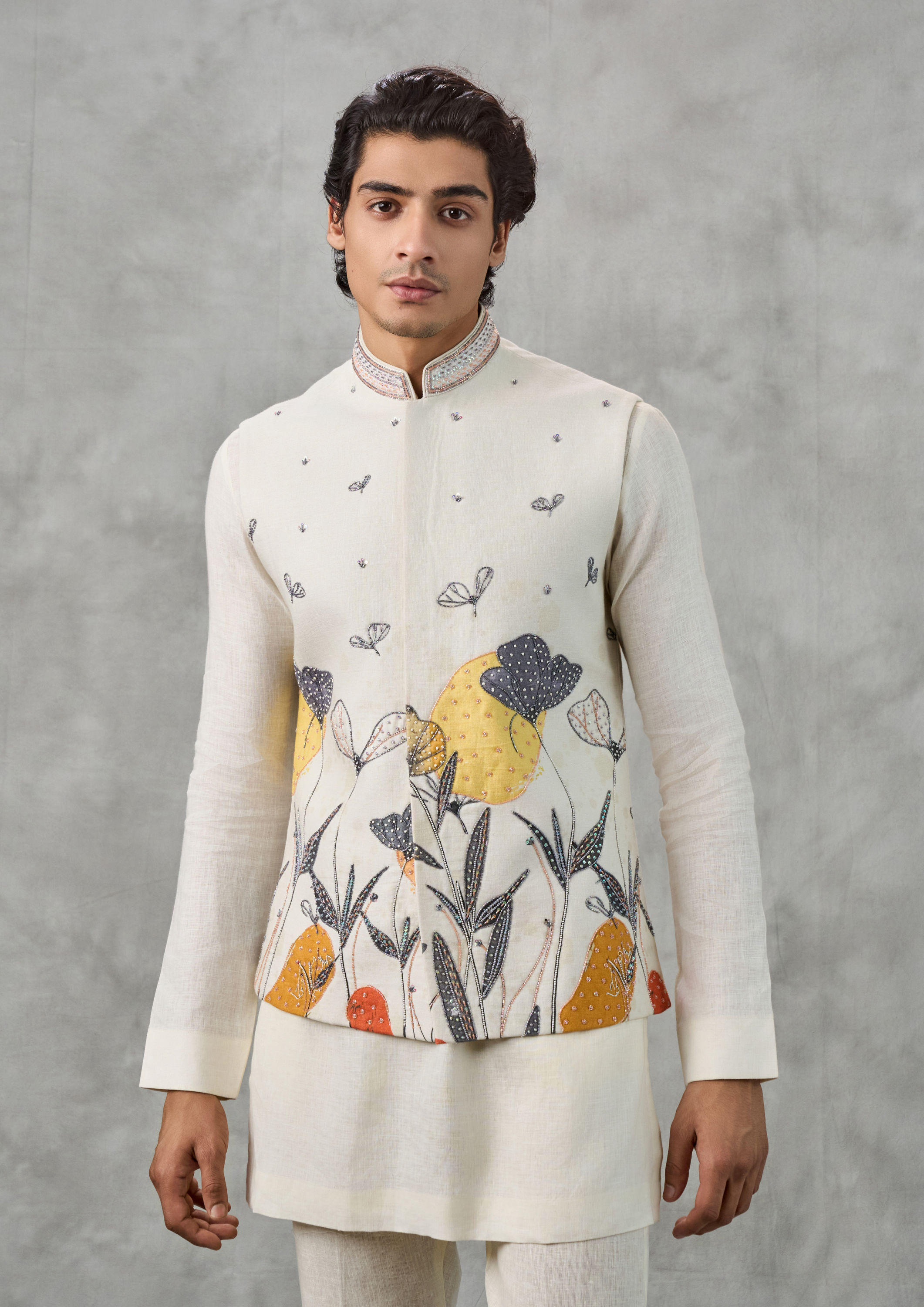 Twamev Men Cream Linen Butterfly Printed Embroidered Kurta Jacket Set