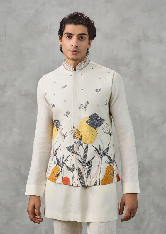 Twamev Men Cream Linen Butterfly Printed Embroidered Kurta Jacket Set