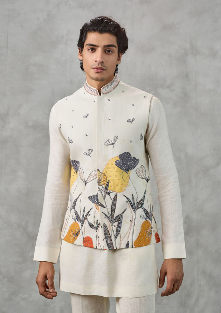 Twamev Men Cream Linen Butterfly Printed Embroidered Kurta Jacket Set
