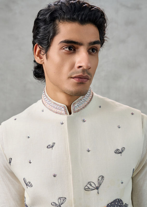 Twamev Men Cream Linen Butterfly Printed Embroidered Kurta Jacket Set