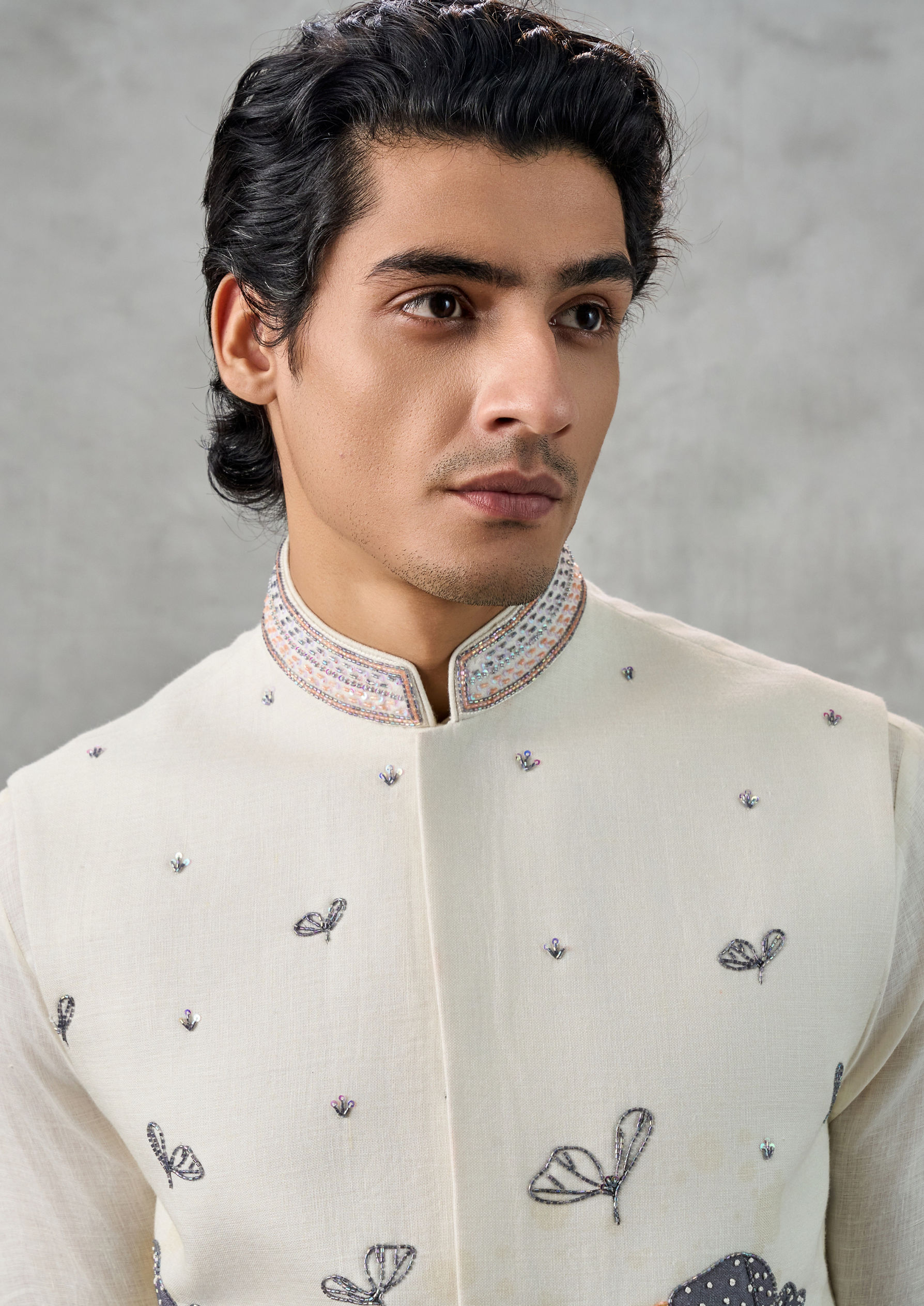 Twamev Men Cream Linen Butterfly Printed Embroidered Kurta Jacket Set
