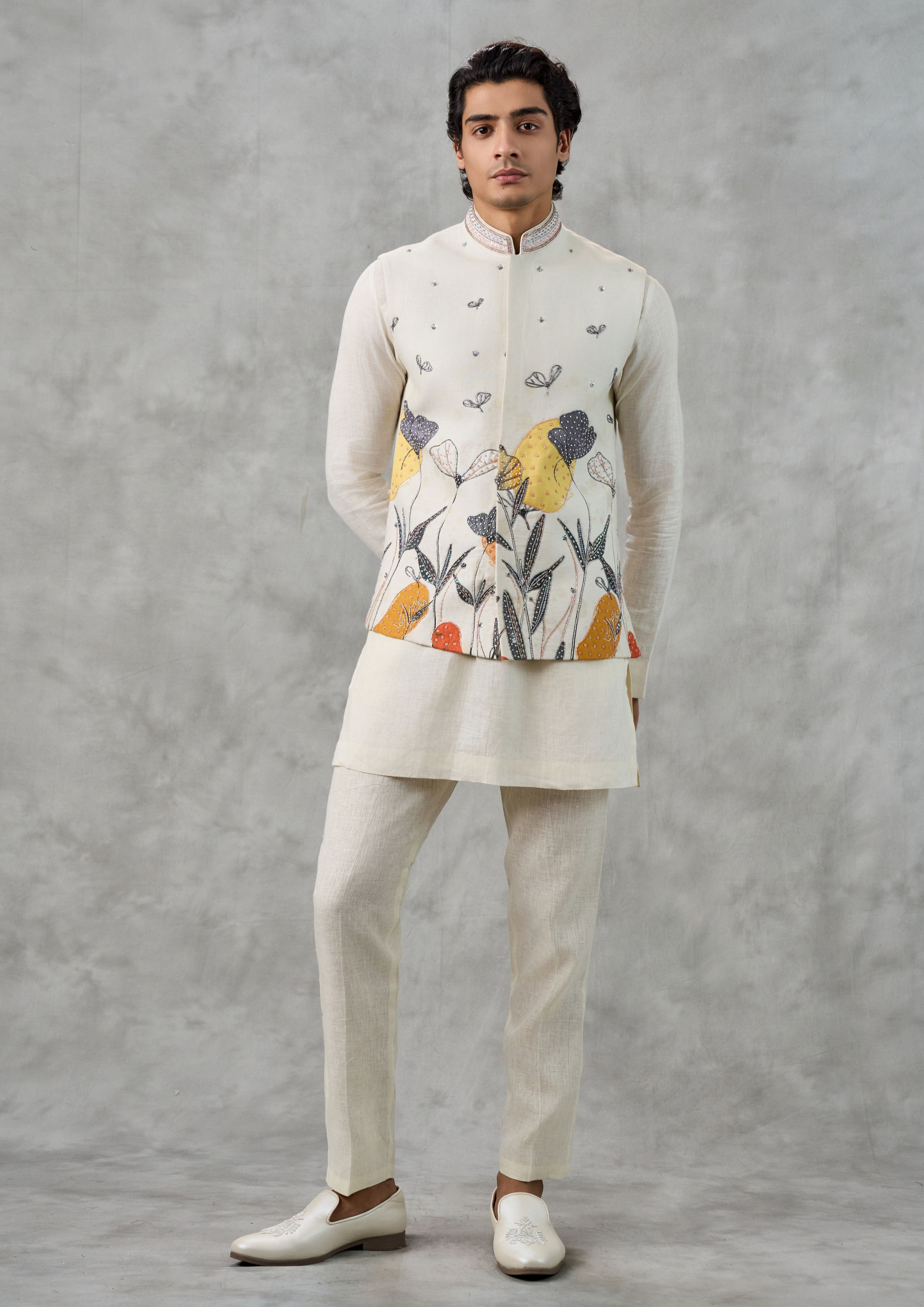 Twamev Men Cream Linen Butterfly Printed Embroidered Kurta Jacket Set