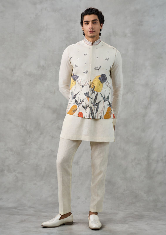 Twamev Men Cream Linen Butterfly Printed Embroidered Kurta Jacket Set