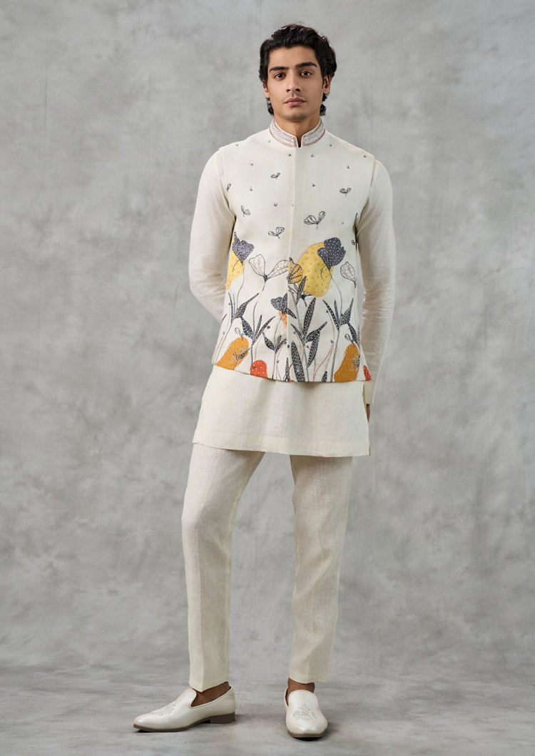 Twamev Men Cream Linen Butterfly Printed Embroidered Kurta Jacket Set