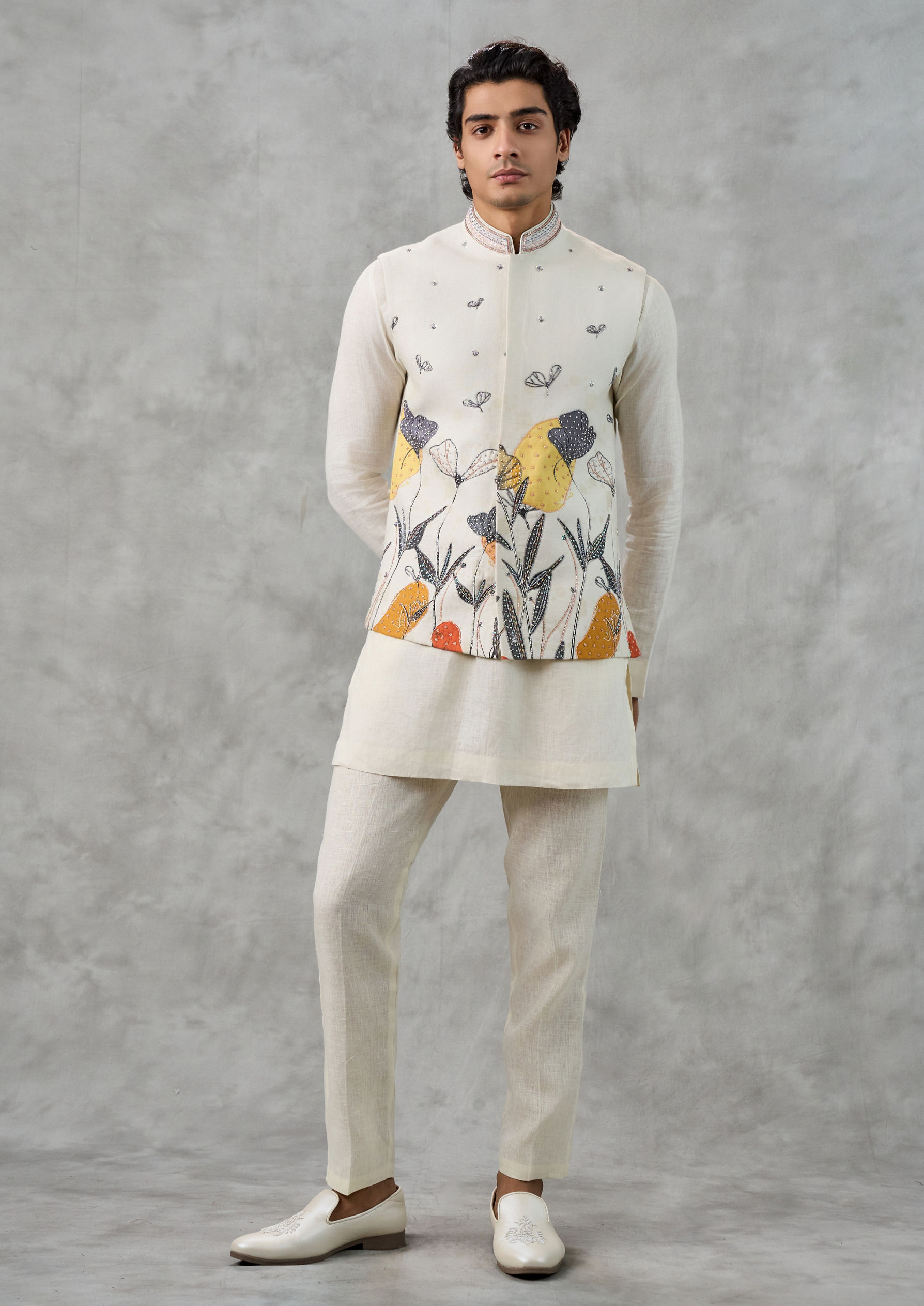 Twamev Men Cream Linen Butterfly Printed Embroidered Kurta Jacket Set