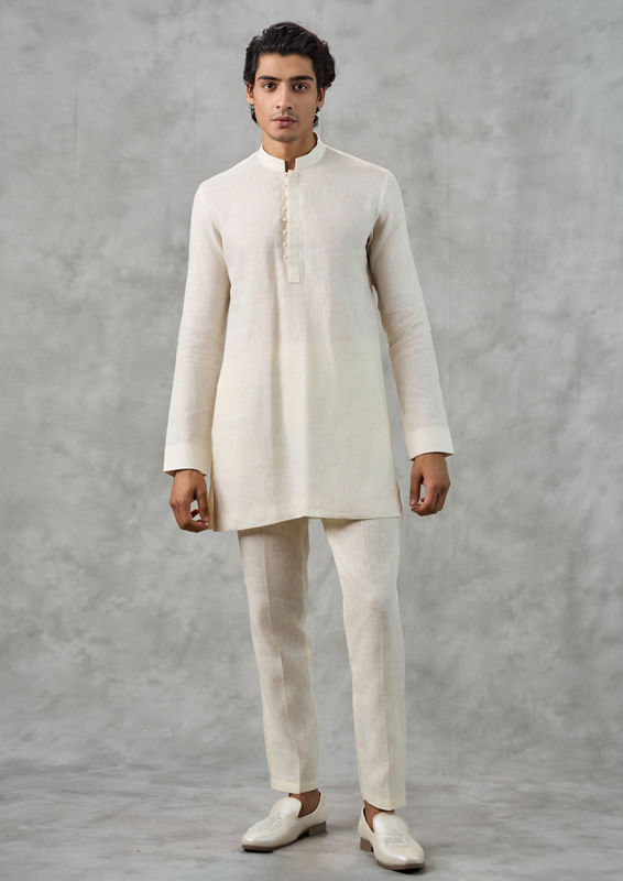 Twamev Men Cream Linen Butterfly Printed Embroidered Kurta Jacket Set