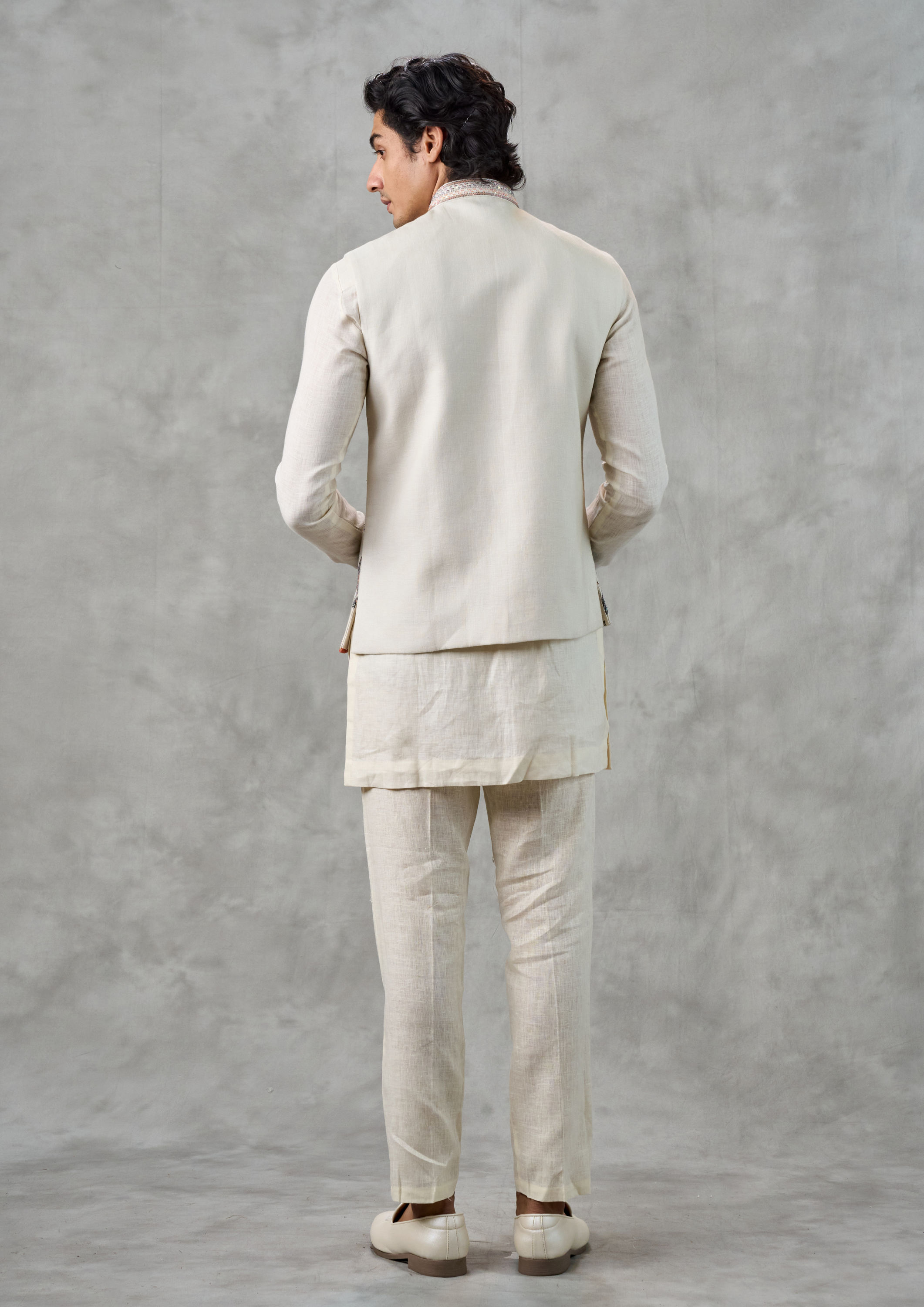 Twamev Men Cream Linen Butterfly Printed Embroidered Kurta Jacket Set