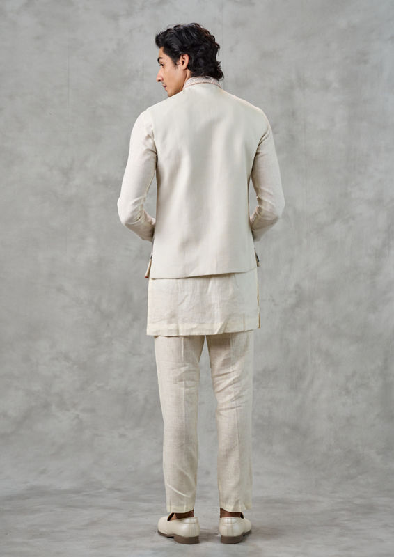 Twamev Men Cream Linen Butterfly Printed Embroidered Kurta Jacket Set