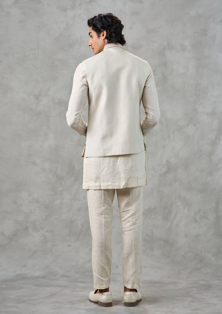 Twamev Men Cream Linen Butterfly Printed Embroidered Kurta Jacket Set