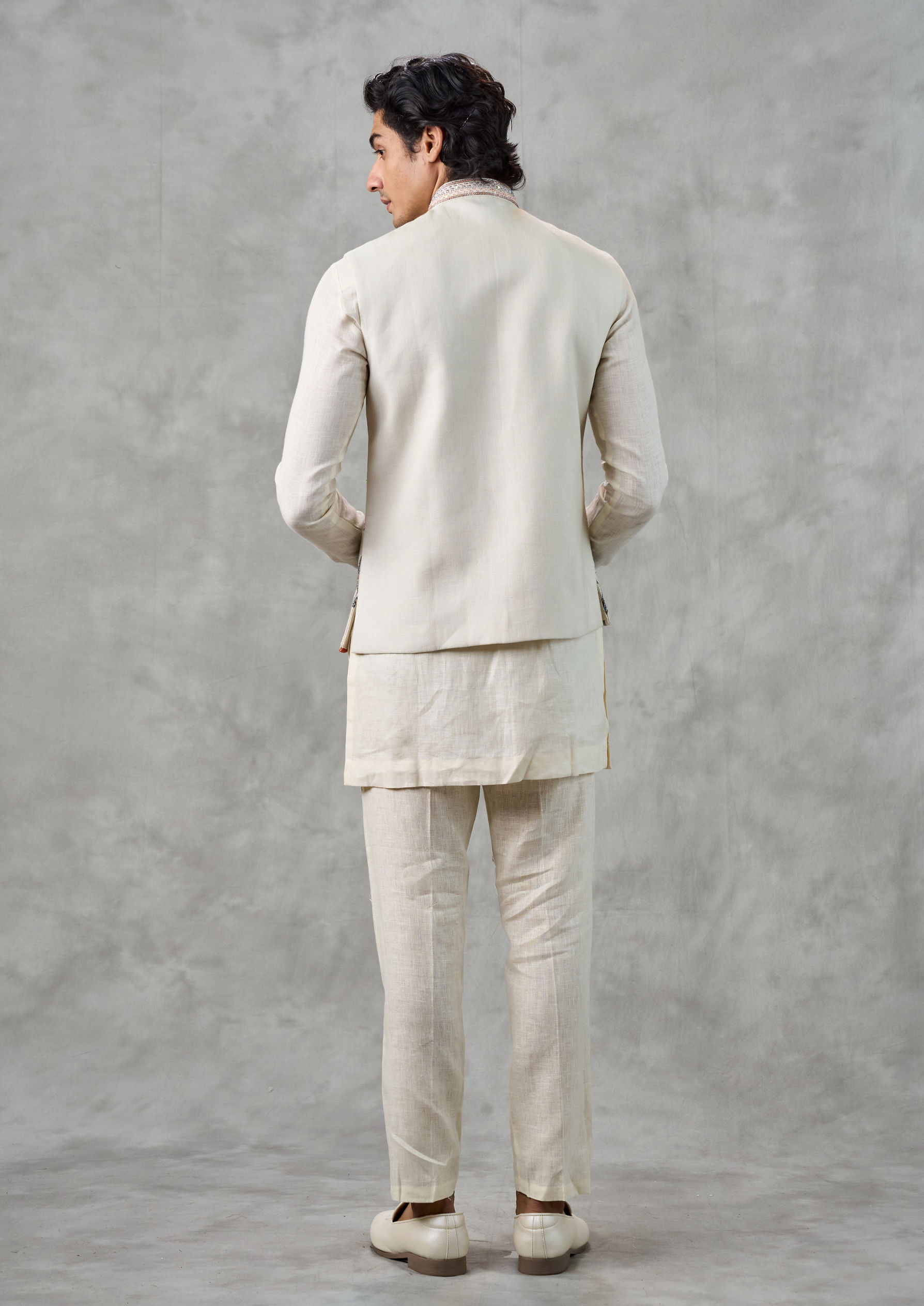 Twamev Men Cream Linen Butterfly Printed Embroidered Kurta Jacket Set