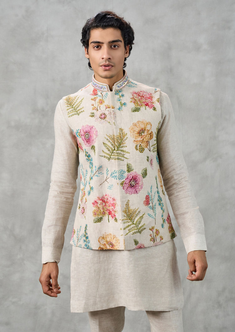 Twamev Men Beige Elegance Kurta Jacket Set