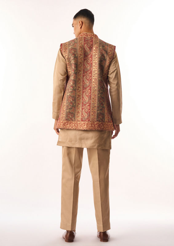 Twamev Men Beige Art Silk Kurta Jacket Set with Embroidery