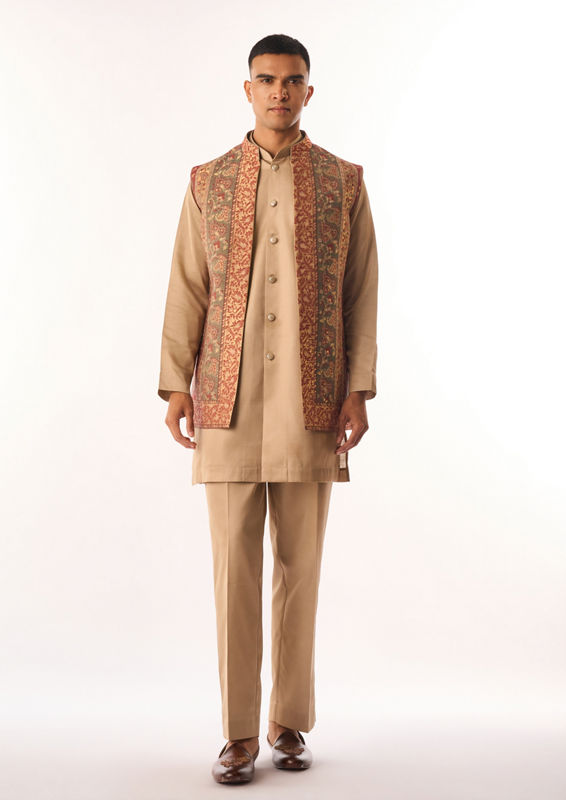 Twamev Men Beige Art Silk Kurta Jacket Set with Embroidery