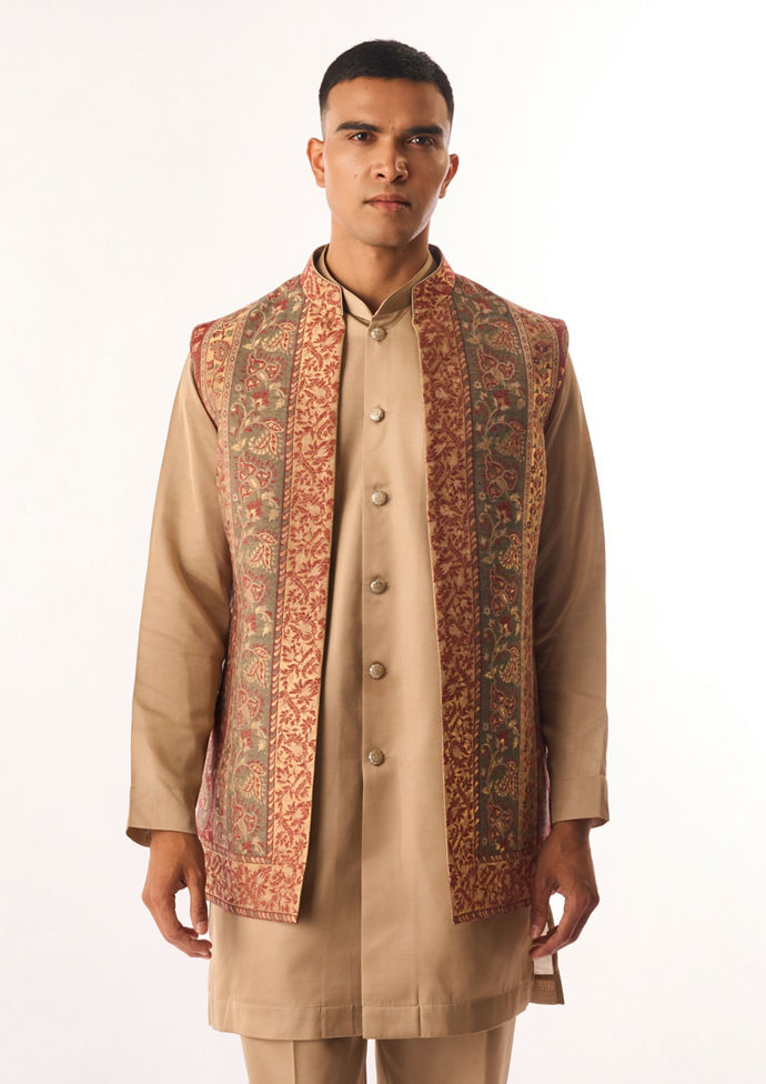 Twamev Men Beige Art Silk Kurta Jacket Set with Embroidery