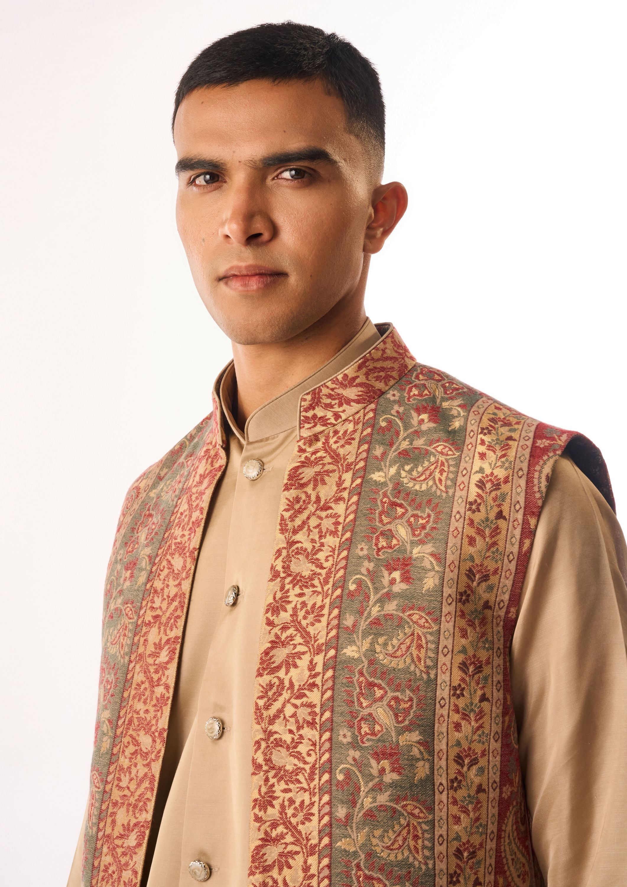 Twamev Men Beige Art Silk Kurta Jacket Set with Embroidery
