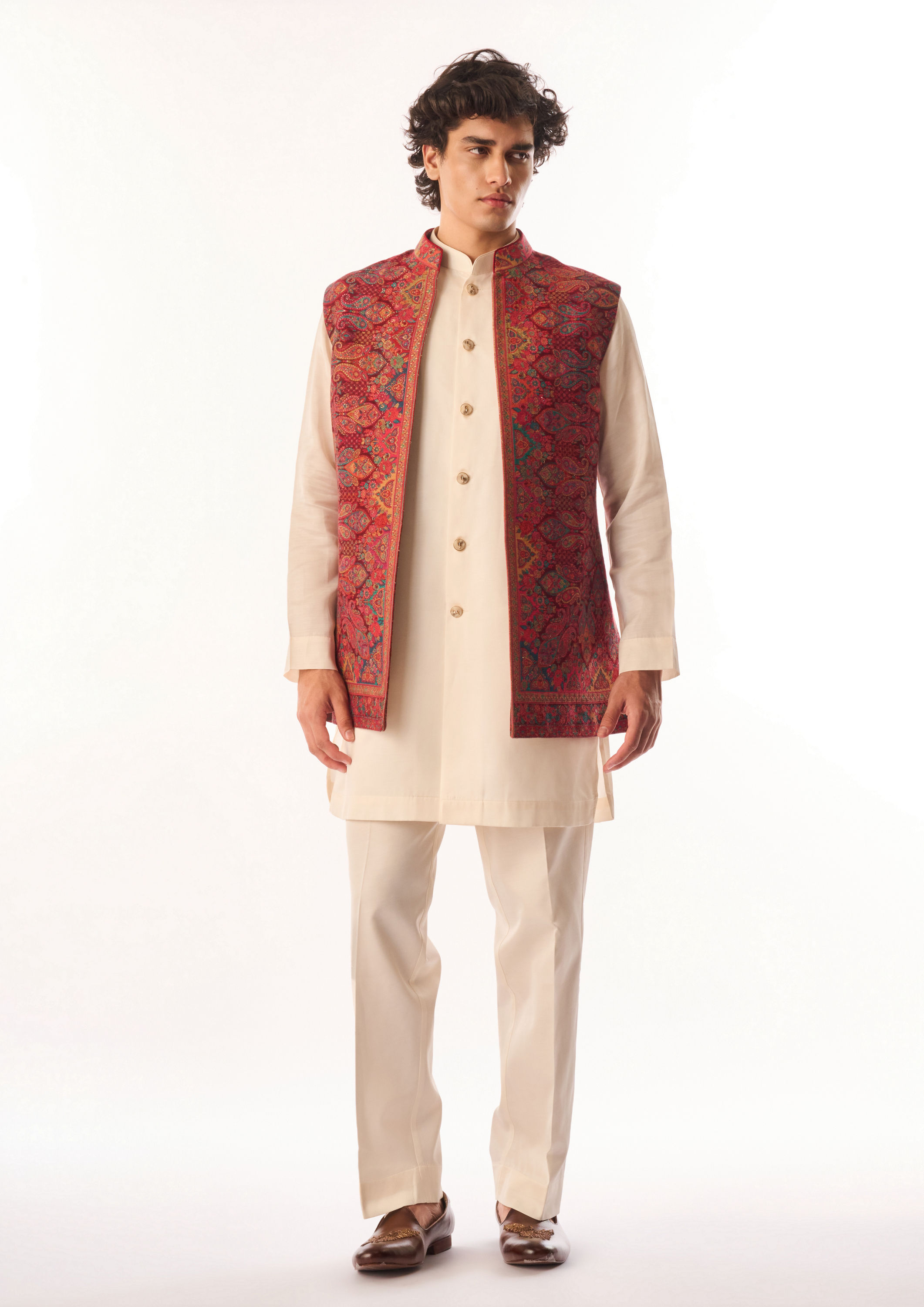 Twamev Men Red Silk Kurta Jacket Set with Embroidery
