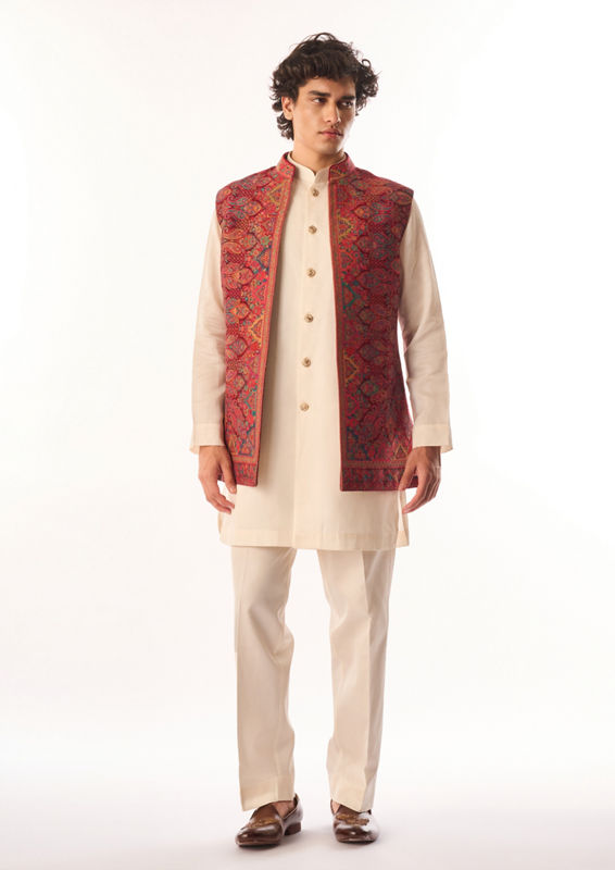 Twamev Men Red Silk Kurta Jacket Set with Embroidery