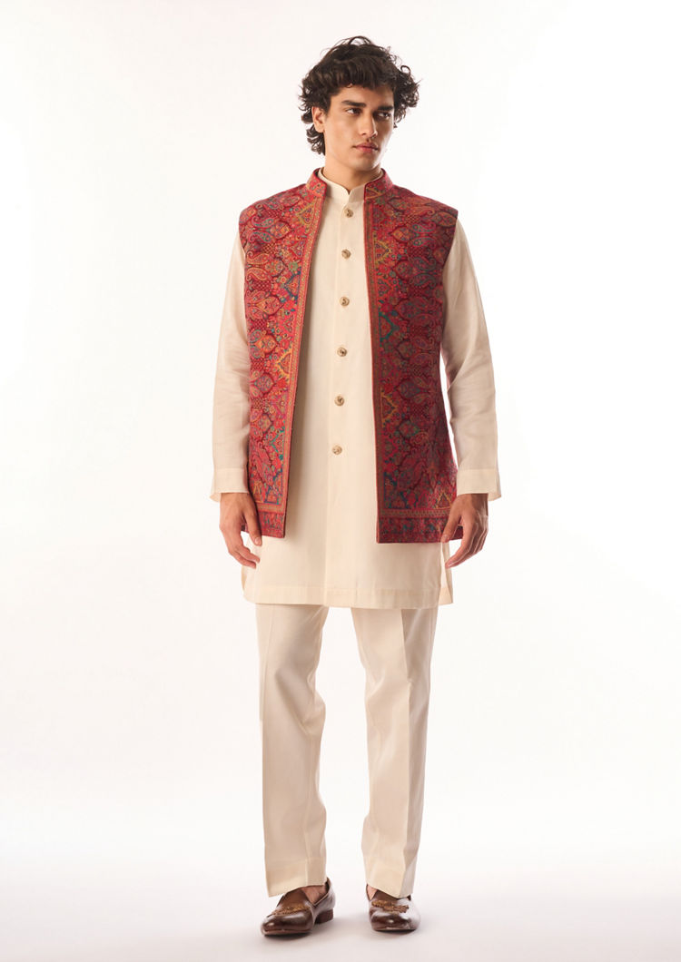 Twamev Men Red Silk Kurta Jacket Set with Embroidery
