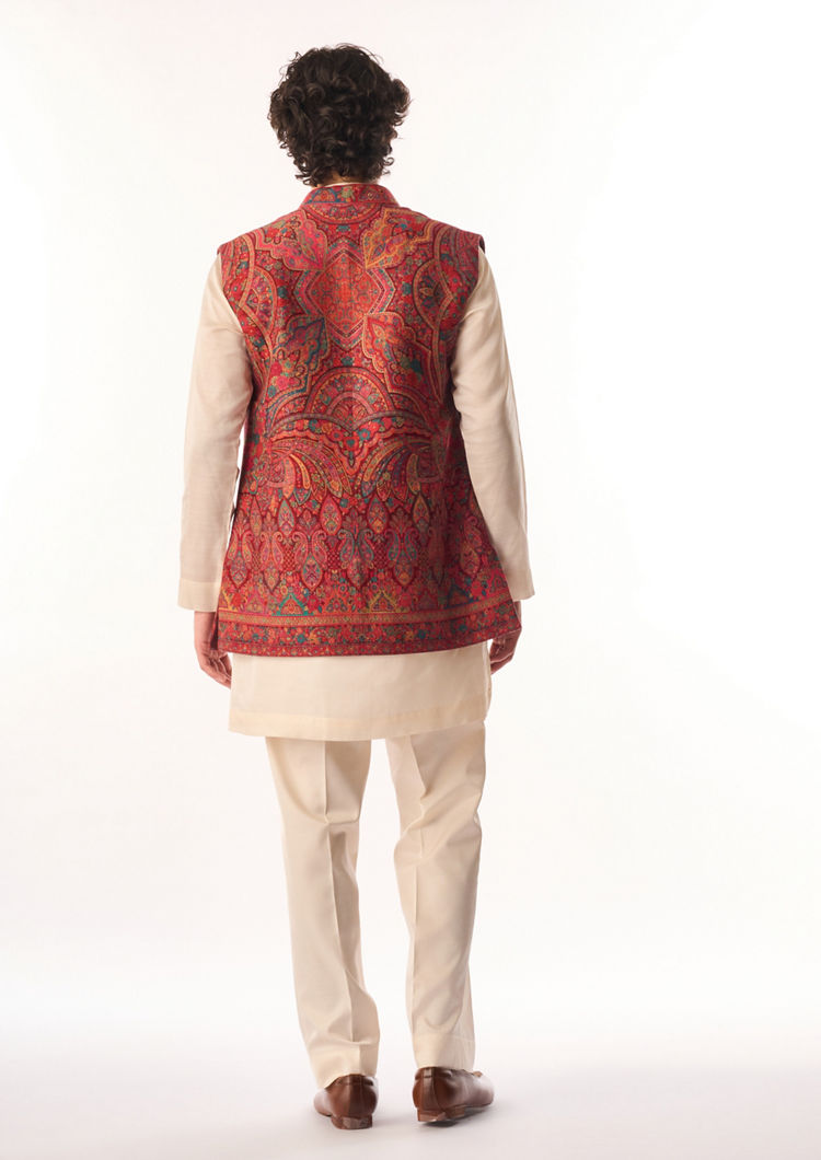 Twamev Men Red Silk Kurta Jacket Set with Embroidery