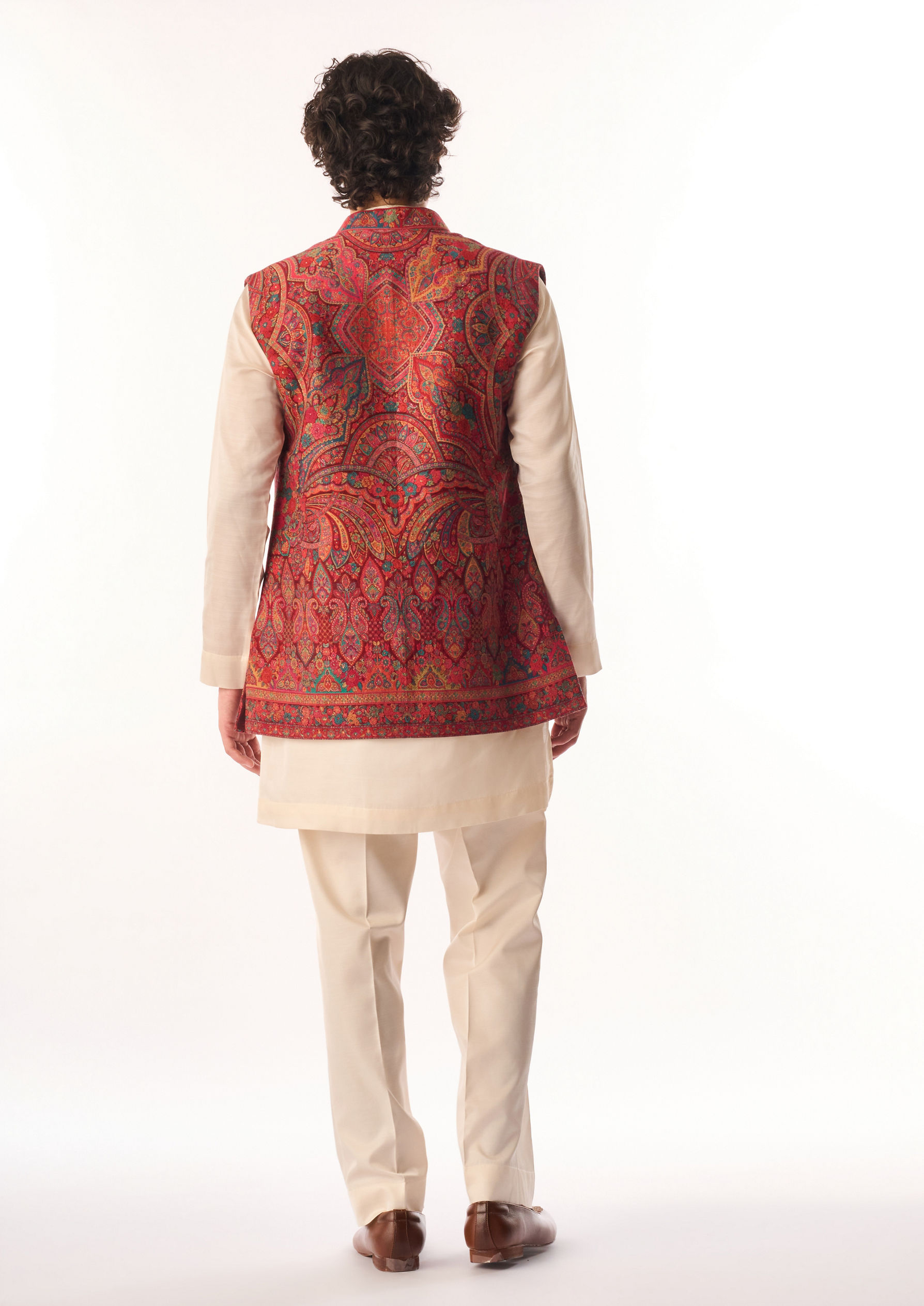 Twamev Men Red Silk Kurta Jacket Set with Embroidery