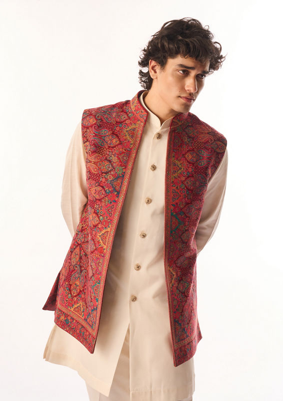 Twamev Men Red Silk Kurta Jacket Set with Embroidery