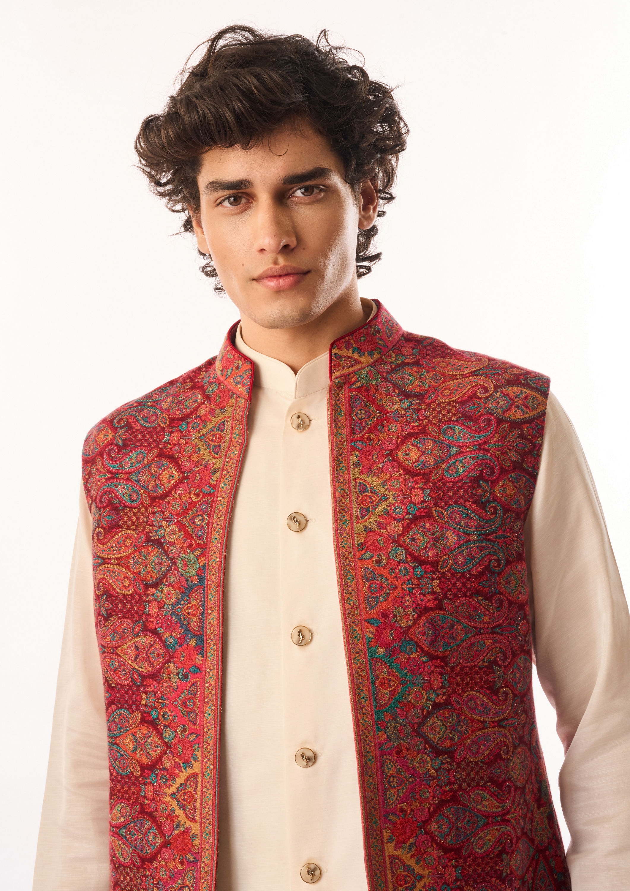 Twamev Men Red Silk Kurta Jacket Set with Embroidery