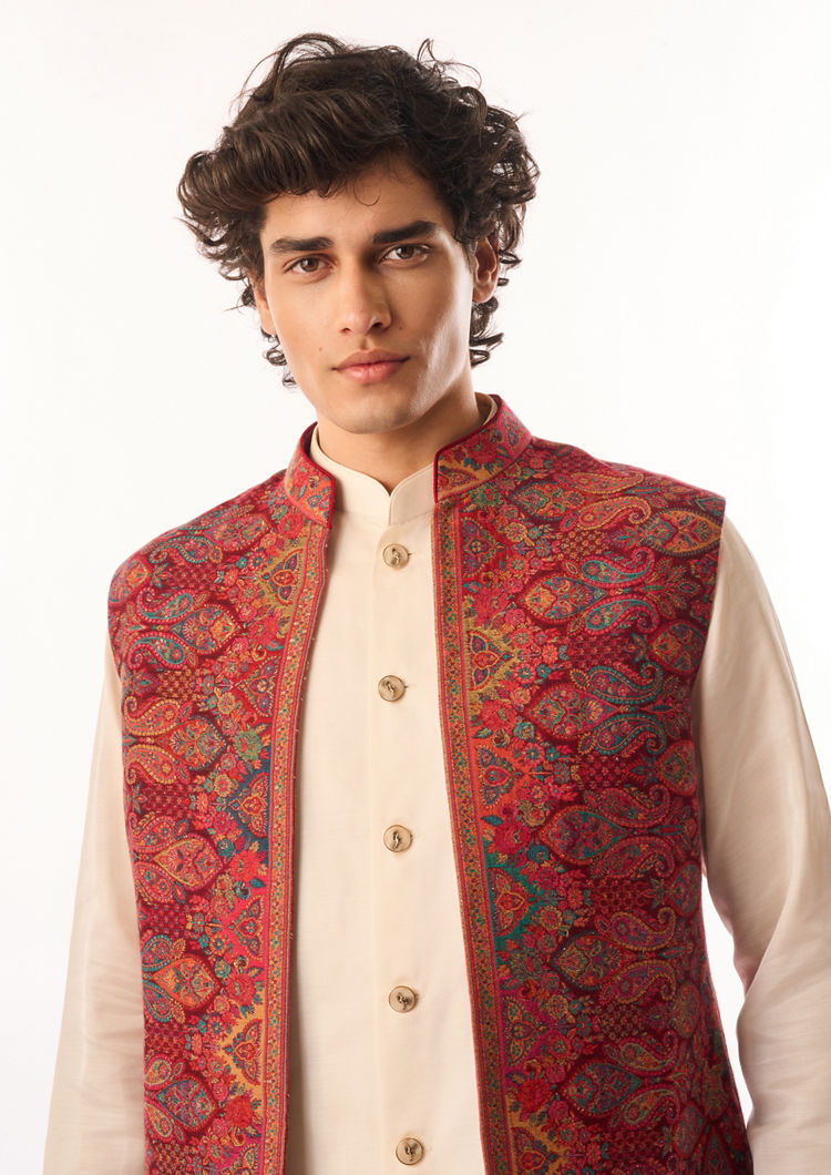 Twamev Men Red Silk Kurta Jacket Set with Embroidery