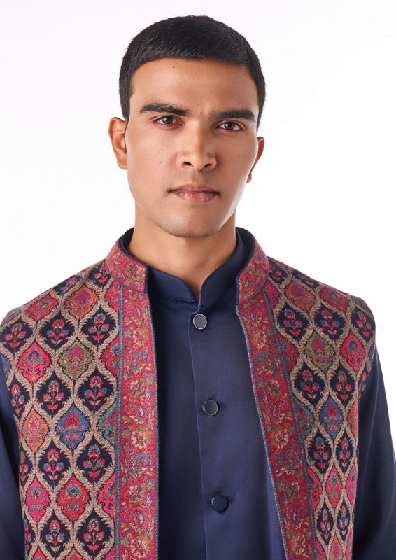 Twamev Men Blue-Maroon Woven Kurta Jacket Set