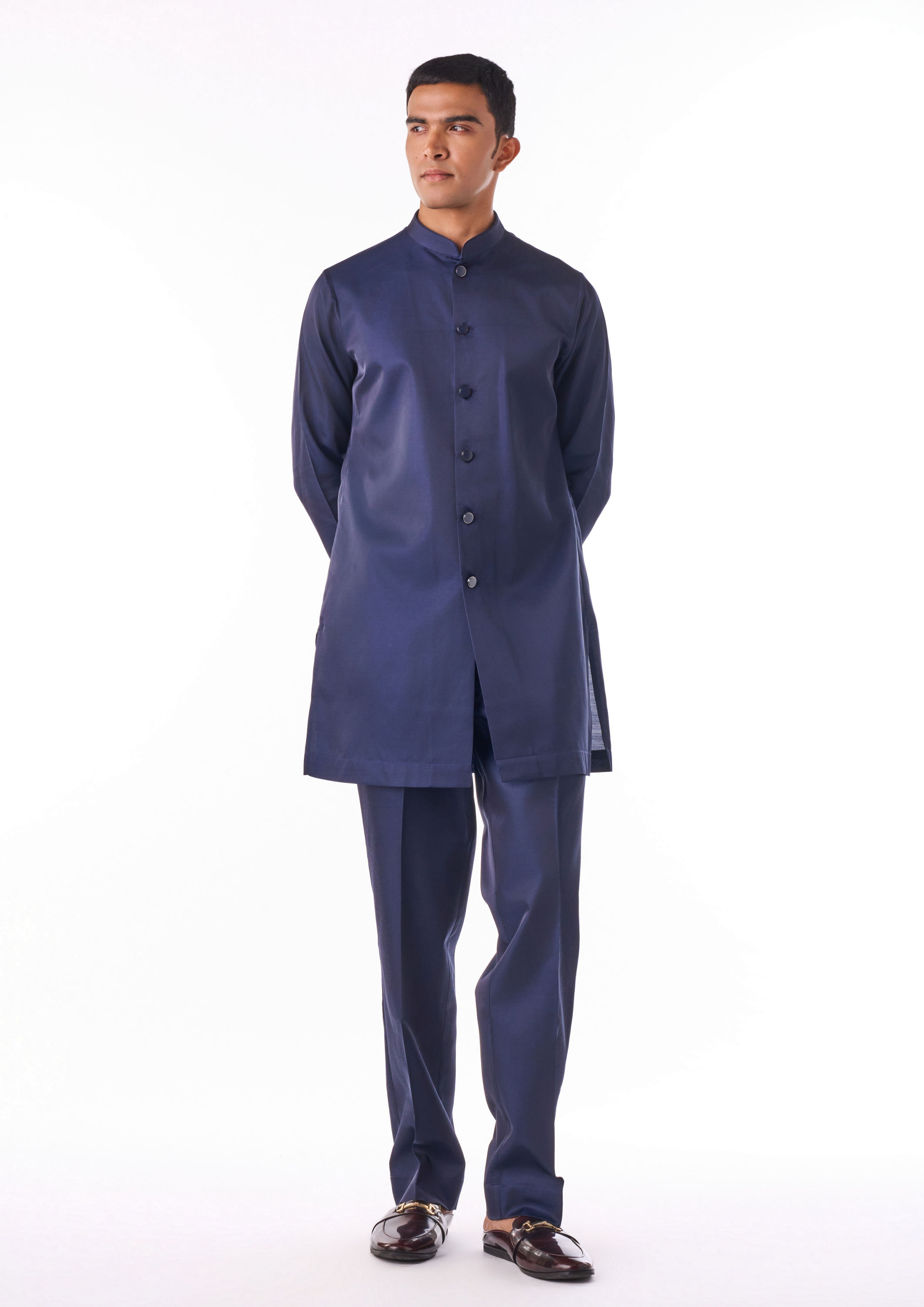 Twamev Men Blue-Maroon Woven Kurta Jacket Set
