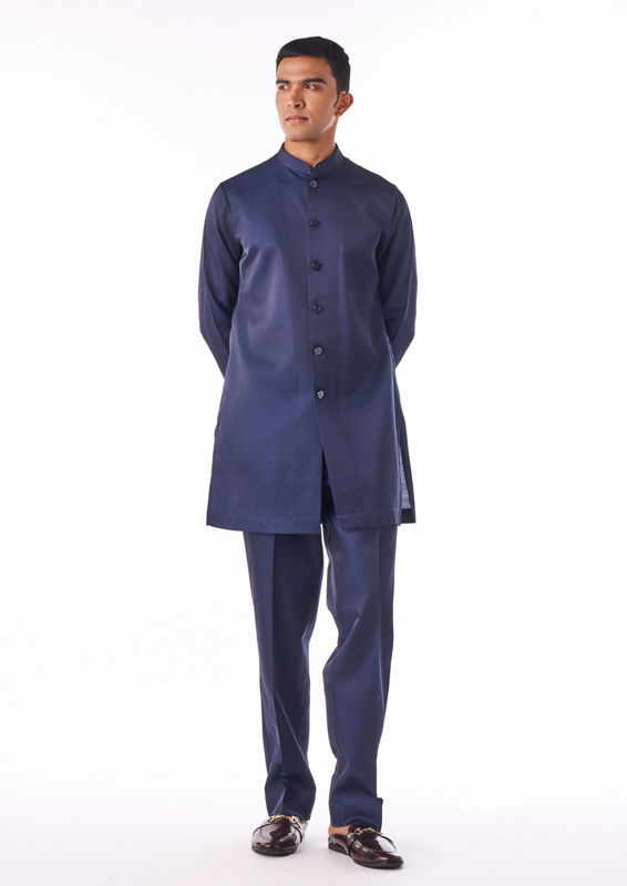 Twamev Men Blue-Maroon Woven Kurta Jacket Set