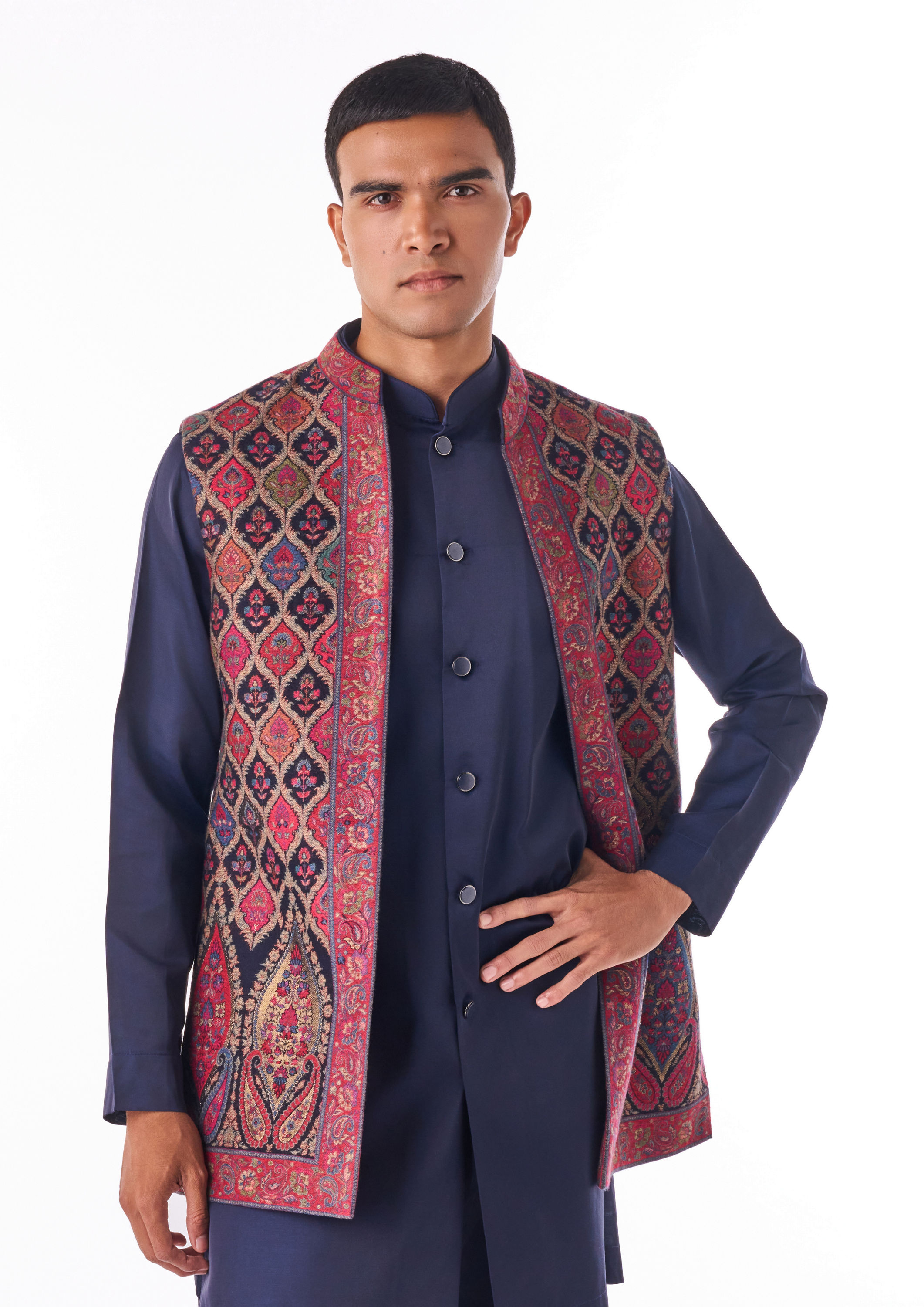 Twamev Men Blue-Maroon Woven Kurta Jacket Set