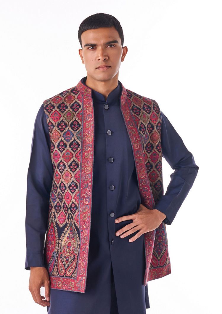 Twamev Men Blue-Maroon Woven Kurta Jacket Set