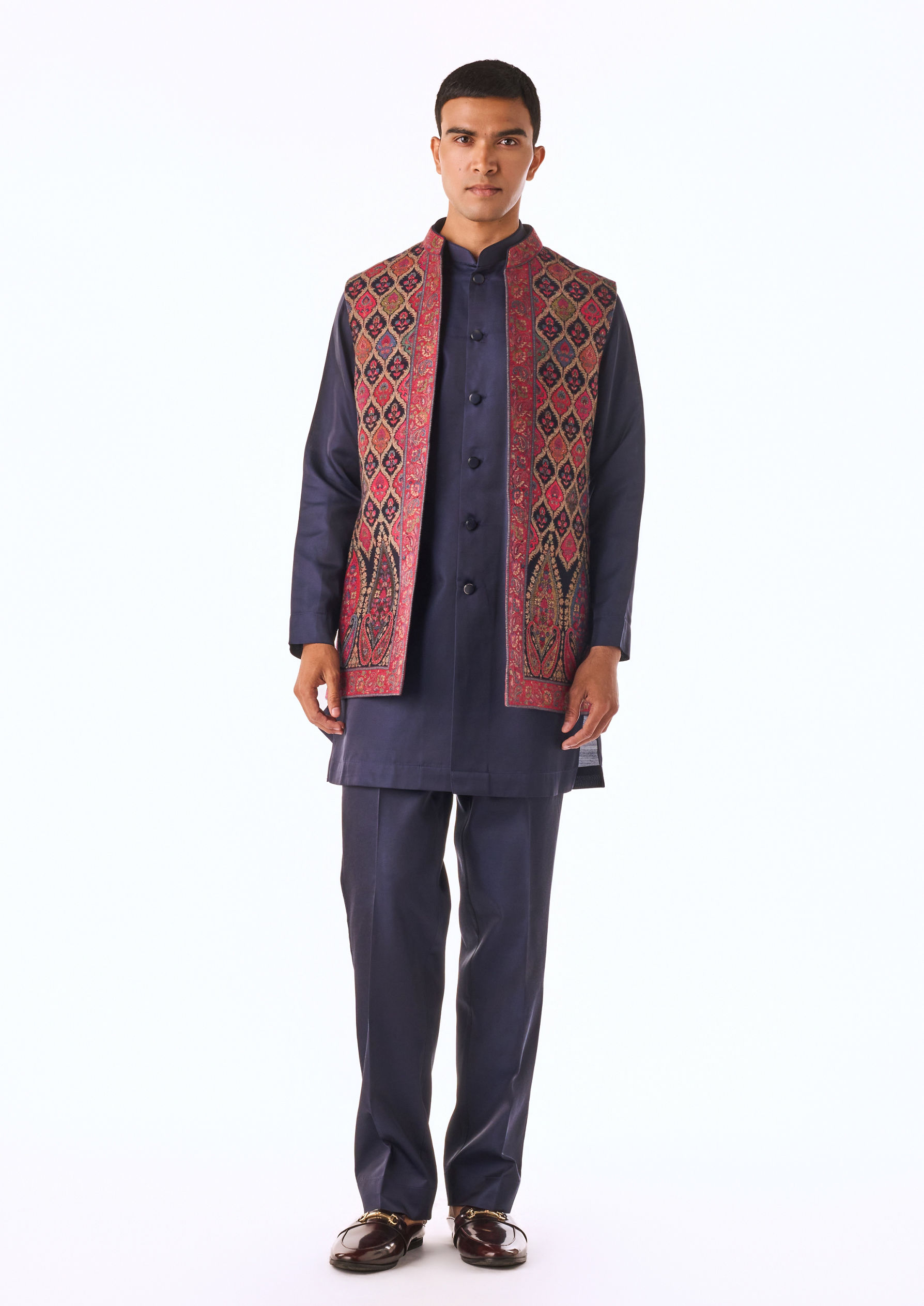 Twamev Men Blue-Maroon Woven Kurta Jacket Set