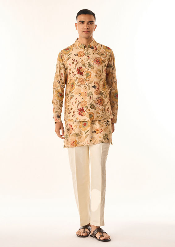 Twamev Men Beige Silk Kurta Jacket Set with Embroidery