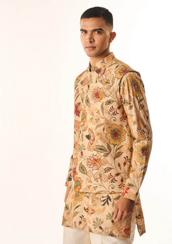 Twamev Men Beige Silk Kurta Jacket Set with Embroidery