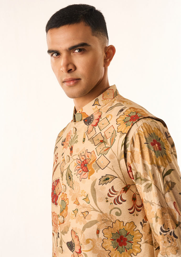 Twamev Men Beige Silk Kurta Jacket Set with Embroidery