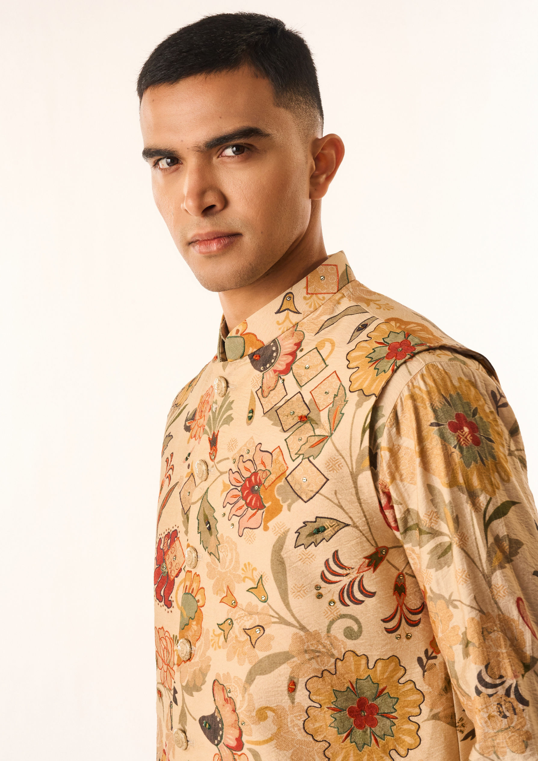 Twamev Men Beige Silk Kurta Jacket Set with Embroidery