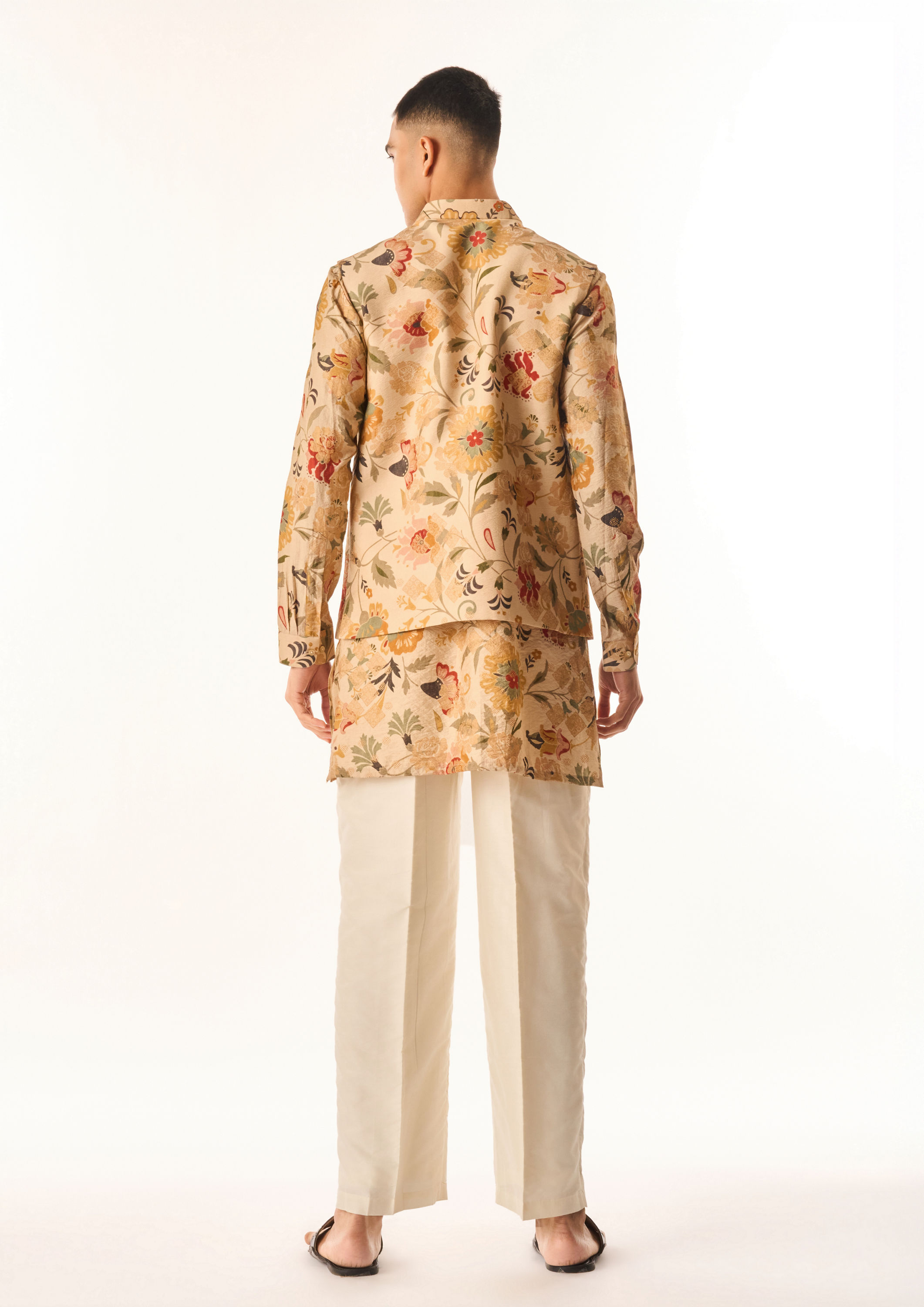 Twamev Men Beige Silk Kurta Jacket Set with Embroidery