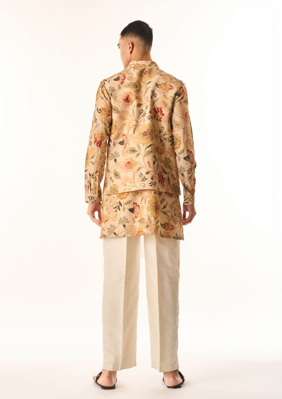 Twamev Men Beige Silk Kurta Jacket Set with Embroidery